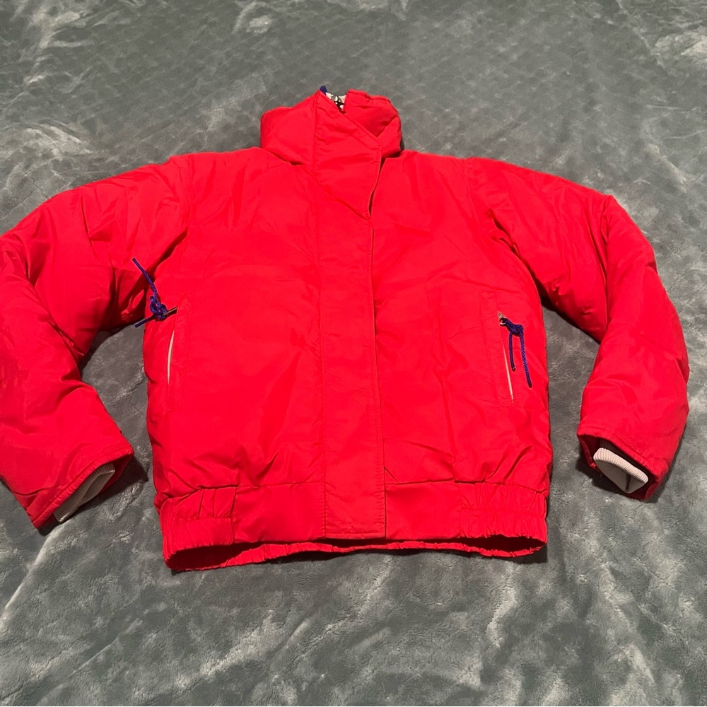 Vintage LL Bean Down Puffer Jacket Red Blue Made in USA Womens Small Puffer Coat
